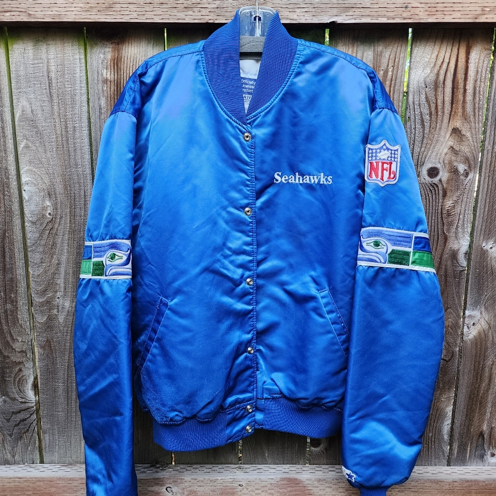 vintage 80s NFL Seattle Seahawks Starter Blue Satin Bomber Jacket XL